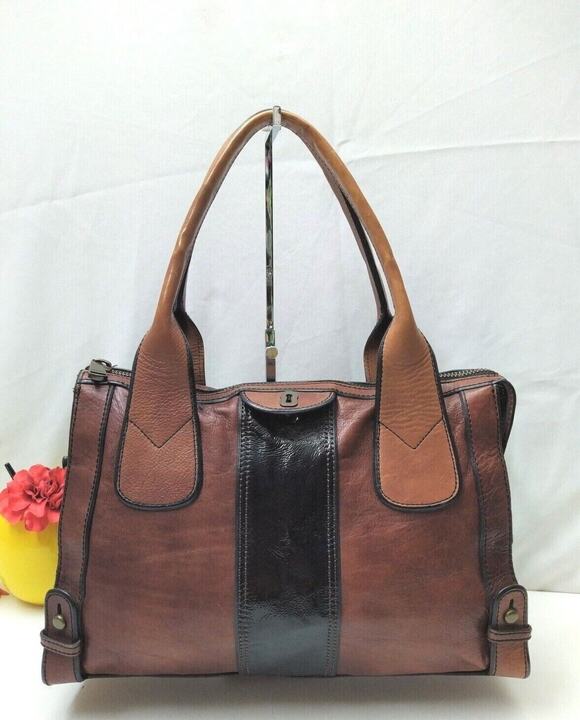 Fossil Handbags - Fossil Maddox Brown Leather Black Stripe Zipper Satchel Shoulder Bag
